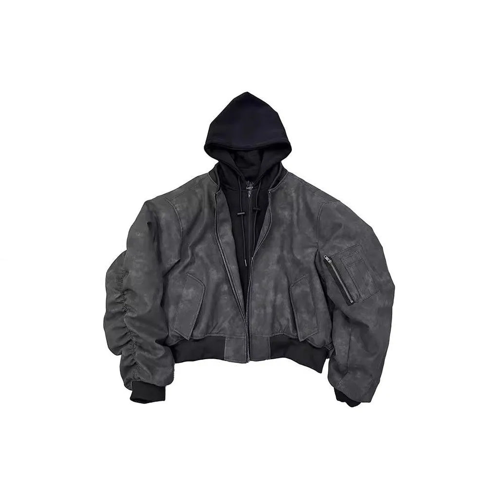 Black double-layer fake two-piece hooded pilot jacket with side seam pockets on a model