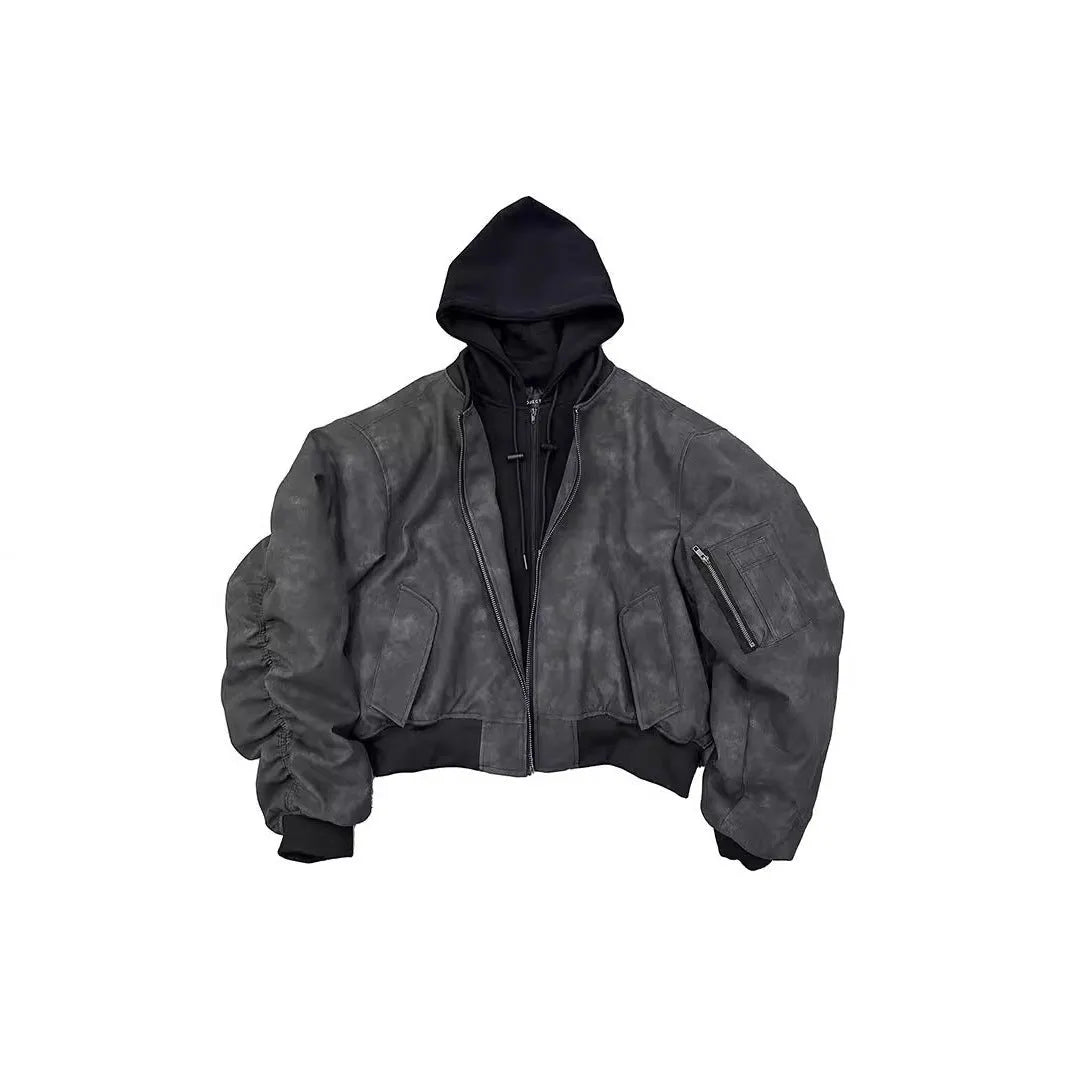 Black double-layer fake two-piece hooded pilot jacket with side seam pockets on a model