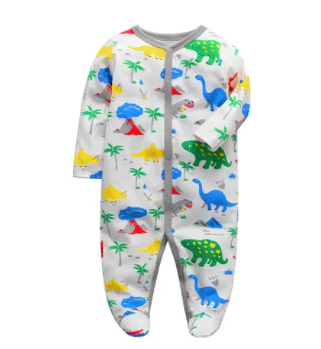 Soft cotton baby one-piece bodysuit in blue and green dinosaur print, size 6M, front view on white background