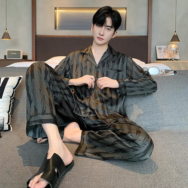 Men's black striped ice silk V-neck pajama set with long sleeves and trousers