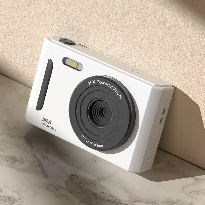 CCD student camera with dual front and rear cameras, HD screen, available in pink and black colours