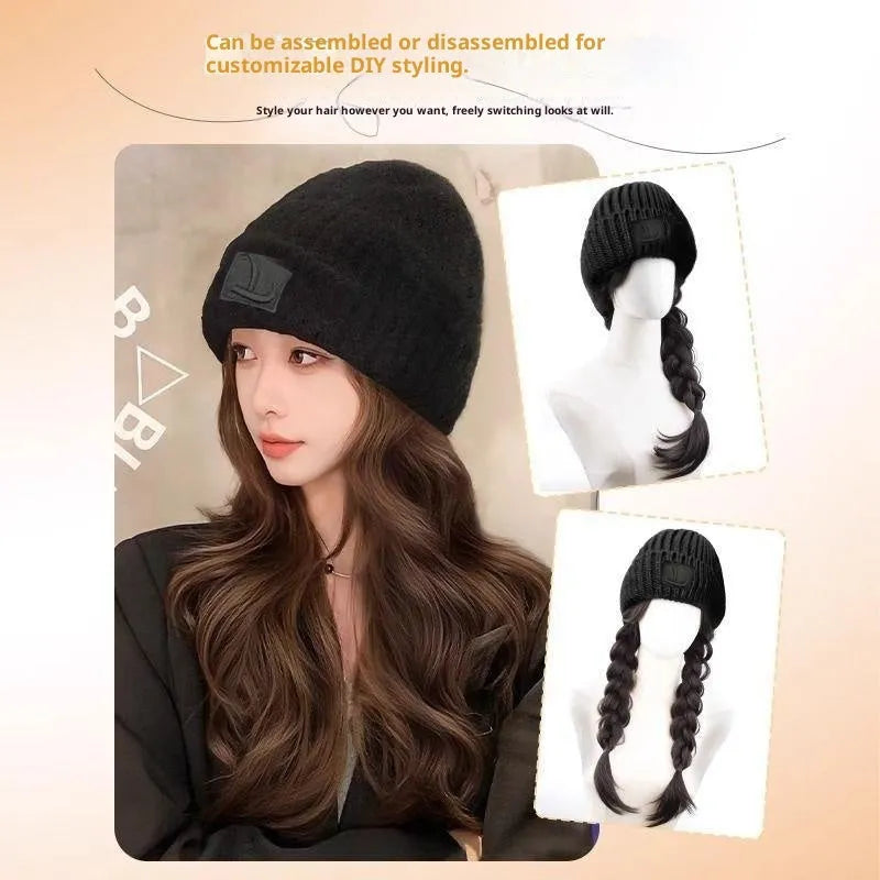 Hat wig for women with big wave full-head curls in protein filament natural style