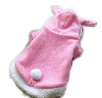 Fleece pet hoodie with rabbit design in pink or red, sizes XS to XL, for cats and small puppies
