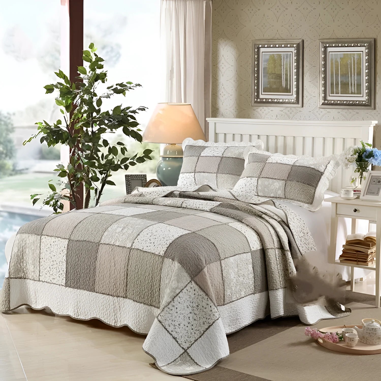 Washed pure cotton quilted bedspread set in Korean style, showing bed cover and two pillowcases.