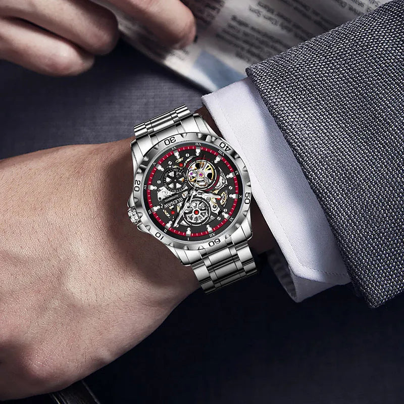 Silver stainless steel automatic skeleton watch with luminous markers and transparent case back