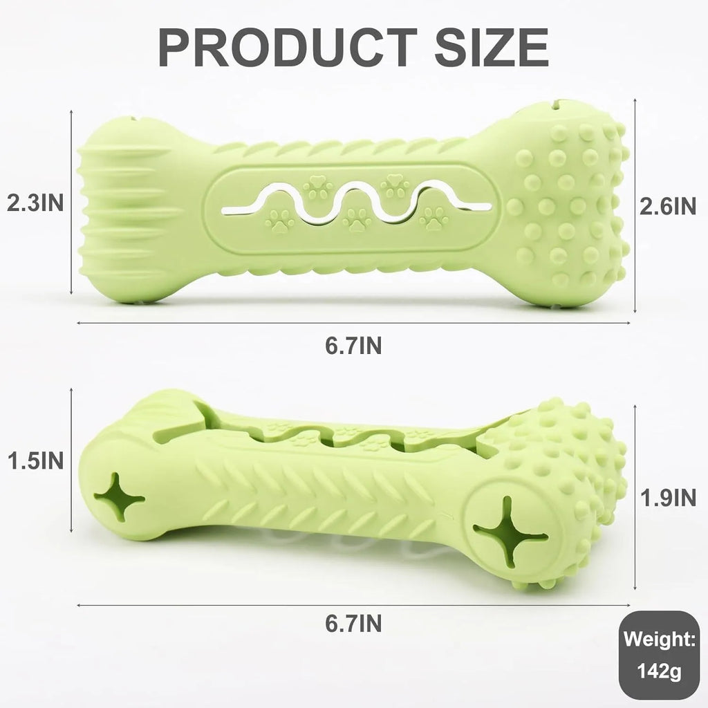 Blue bone-shaped natural rubber dog chew toy with textured surface on a white background.