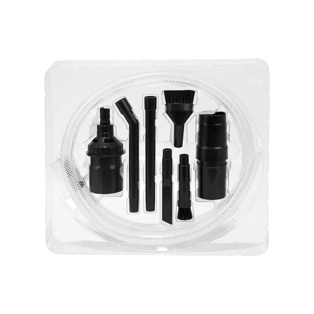 Eight small vacuum cleaner suction head accessories laid out, part of a multifunctional tool set for portable cleaners.