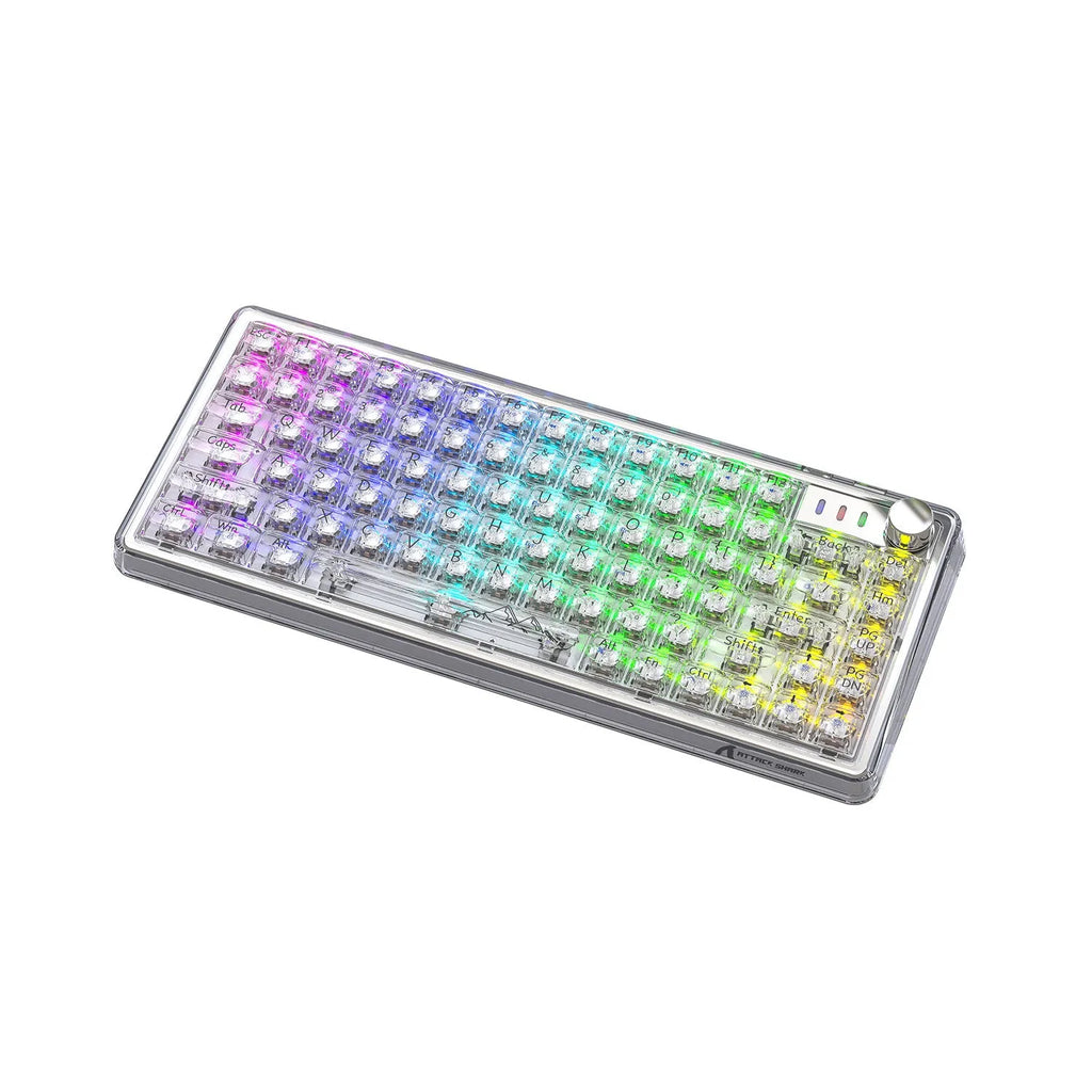 Attack Shark K75 RGB wireless mechanical keyboard with transparent black case showing RGB lighting and compact 75% layout