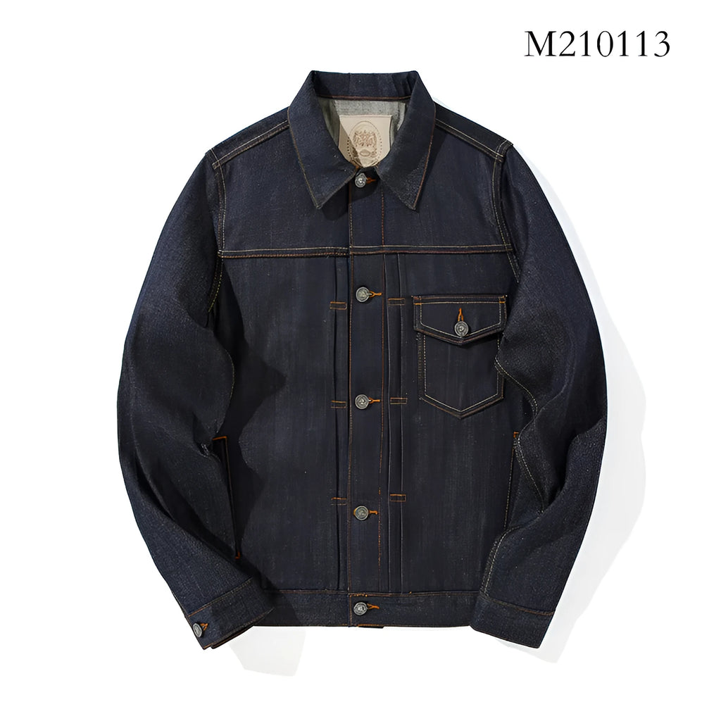 Men's Japanese retro style cotton denim jacket in fruit puree solid colour with loose fit and long sleeves