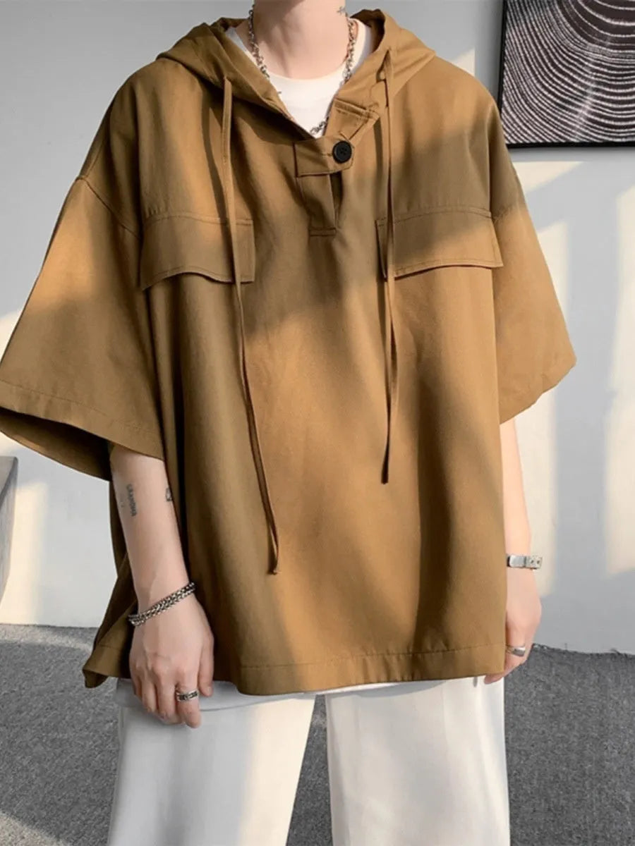 Men's hooded short sleeve t-shirt in loose fit available in multiple colours including black, white, and blue