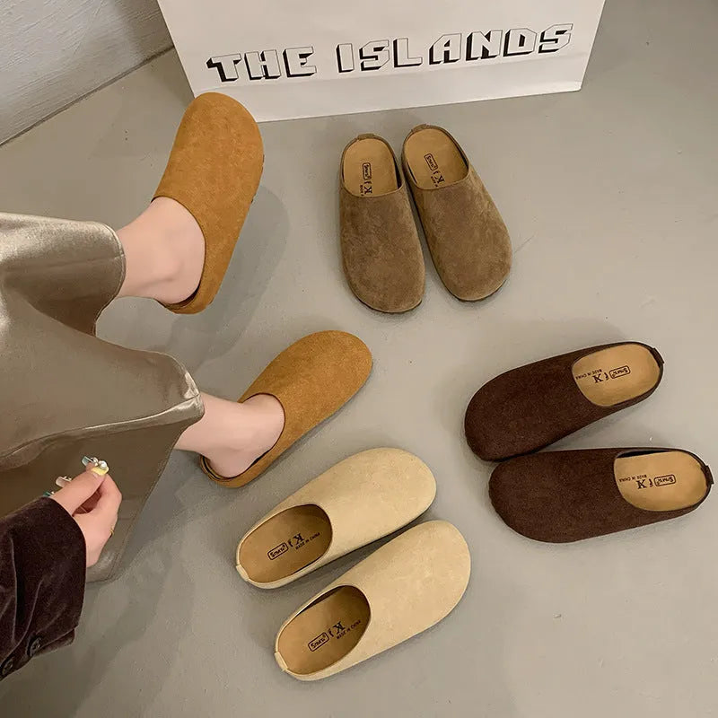 Korean style square toe flat slippers in apricot colour with microfiber upper.