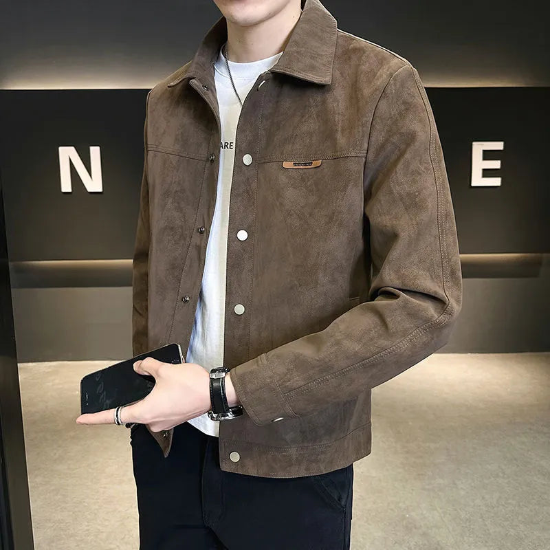 Suede lapel men's jacket in brown or black, thin polyester blend, long sleeve, regular fit, M-3XL.