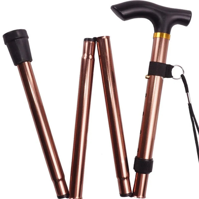 Aluminium alloy folding walking stick with non-slip handle, shown extended and in black colour.