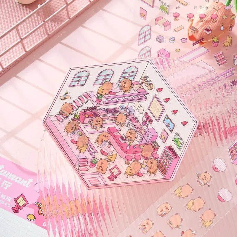 Set of eight colourful Capabala 3D business-themed cartoon stickers including bakery and bookstore designs.