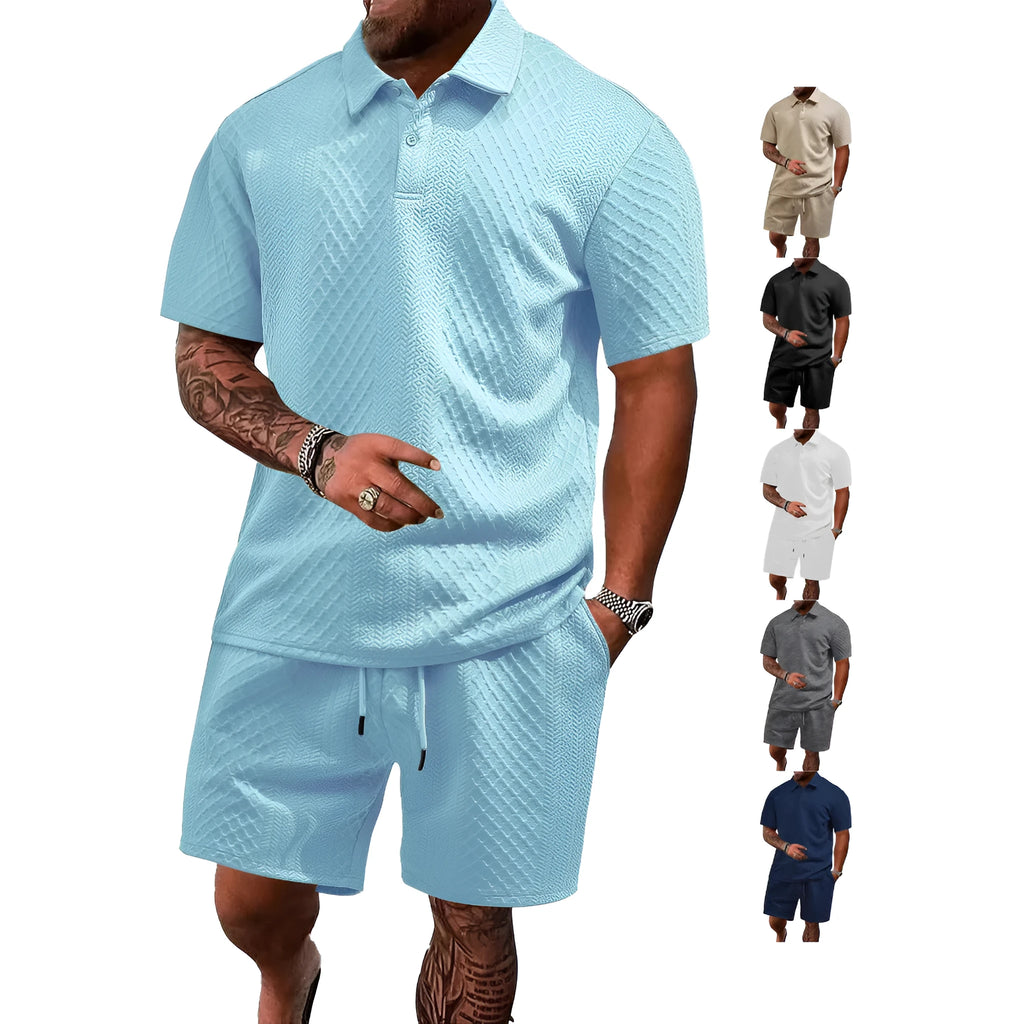 Men's patterned short sleeve polo suit set in a choice of colours including black, navy, and wine red.