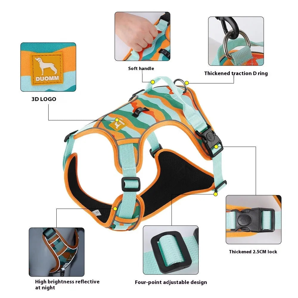Reflective orange dog harness with chest and back rope attachments and a hand-holding lead.