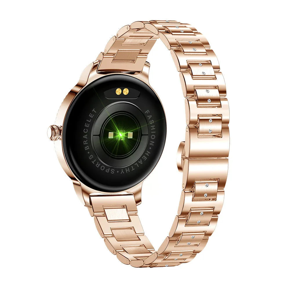 AK38 ladies smart watch with stainless steel band on a wrist, showing its 1.09-inch screen.