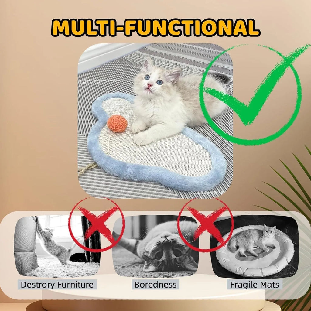 White cat scratching mat with cartoon sleeping cat design made from natural sisal fibre.