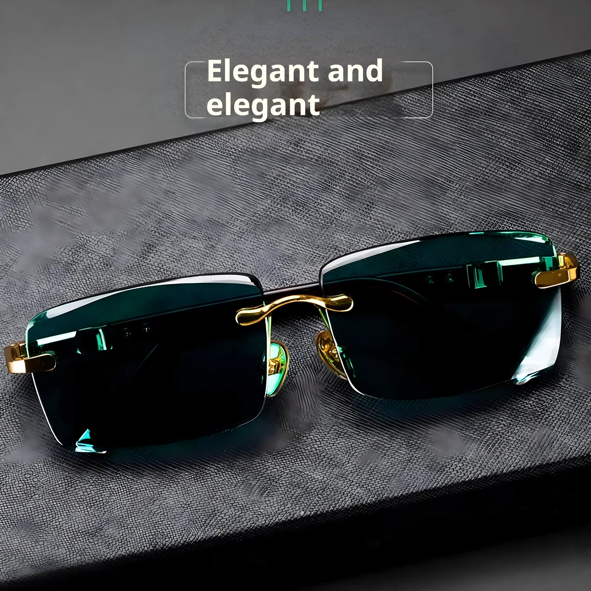 Frameless dark green crystal lens sunglasses with adjustable nose pads on a table next to their hard case.