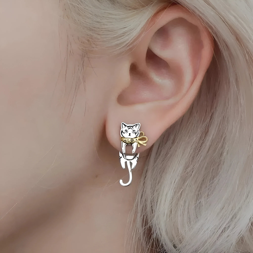 Graffiti cat earrings in copper with cute animal design, available as A pair or B style pair