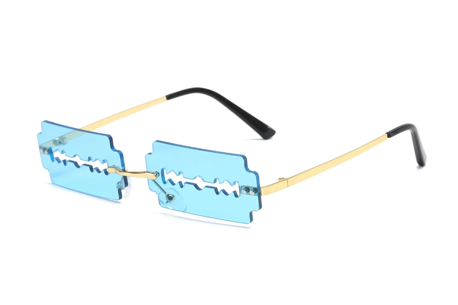 Gold metal rimless sunglasses with UV400 PC lens on a white background