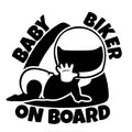 Black and white reflective Baby on Board sticker for car window, size 14.5 cm by 15 cm.