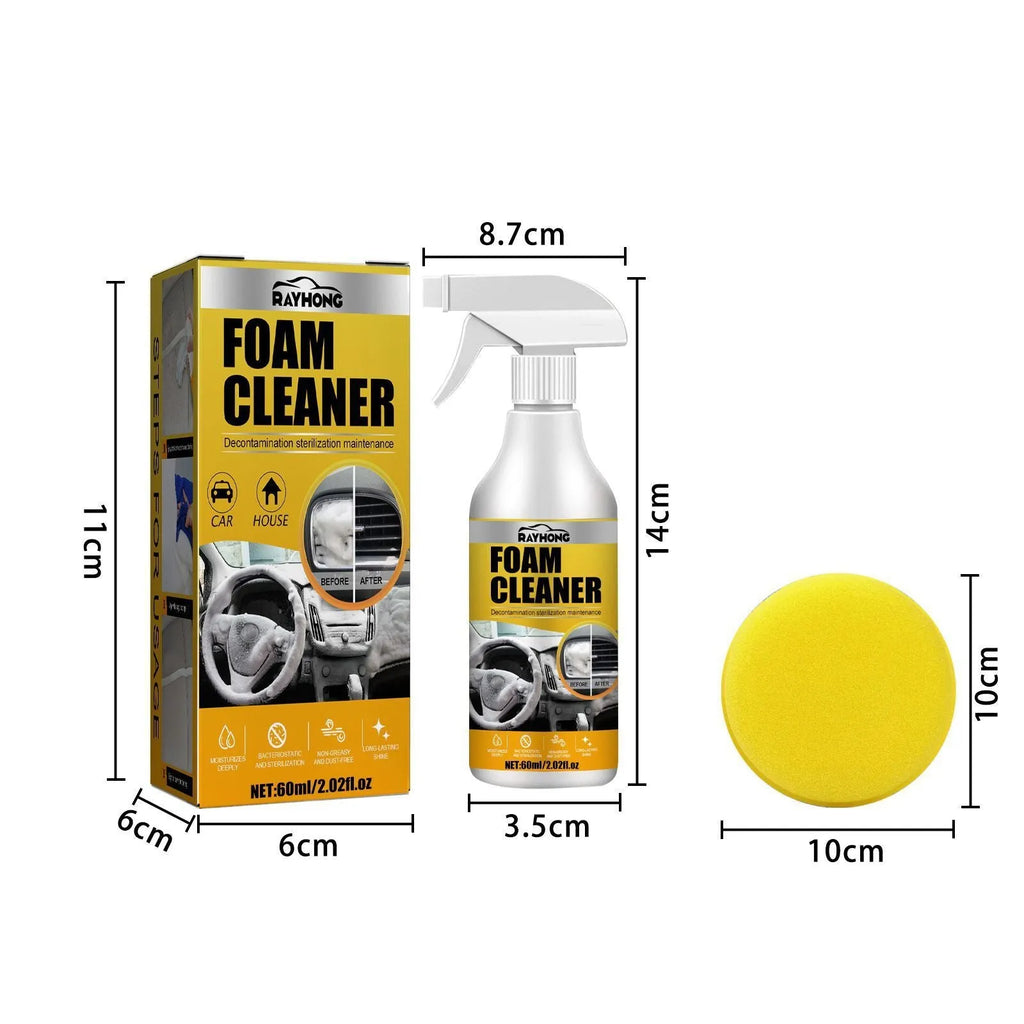 Car interior wash-free foamed cleaner 60ml bottle and foam sponge for upholstery and dashboard cleaning