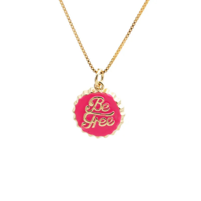 Copper bottle cap pendant necklace with gold plating on a 40cm box chain in assorted colours.