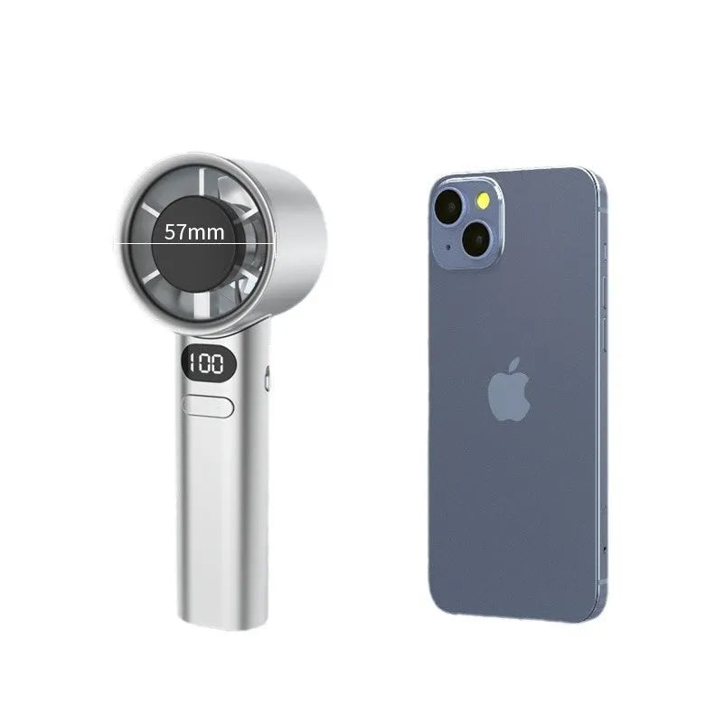 A handheld USB rechargeable fan with variable speed control, shown in green, khaki, silver, and white colour options.