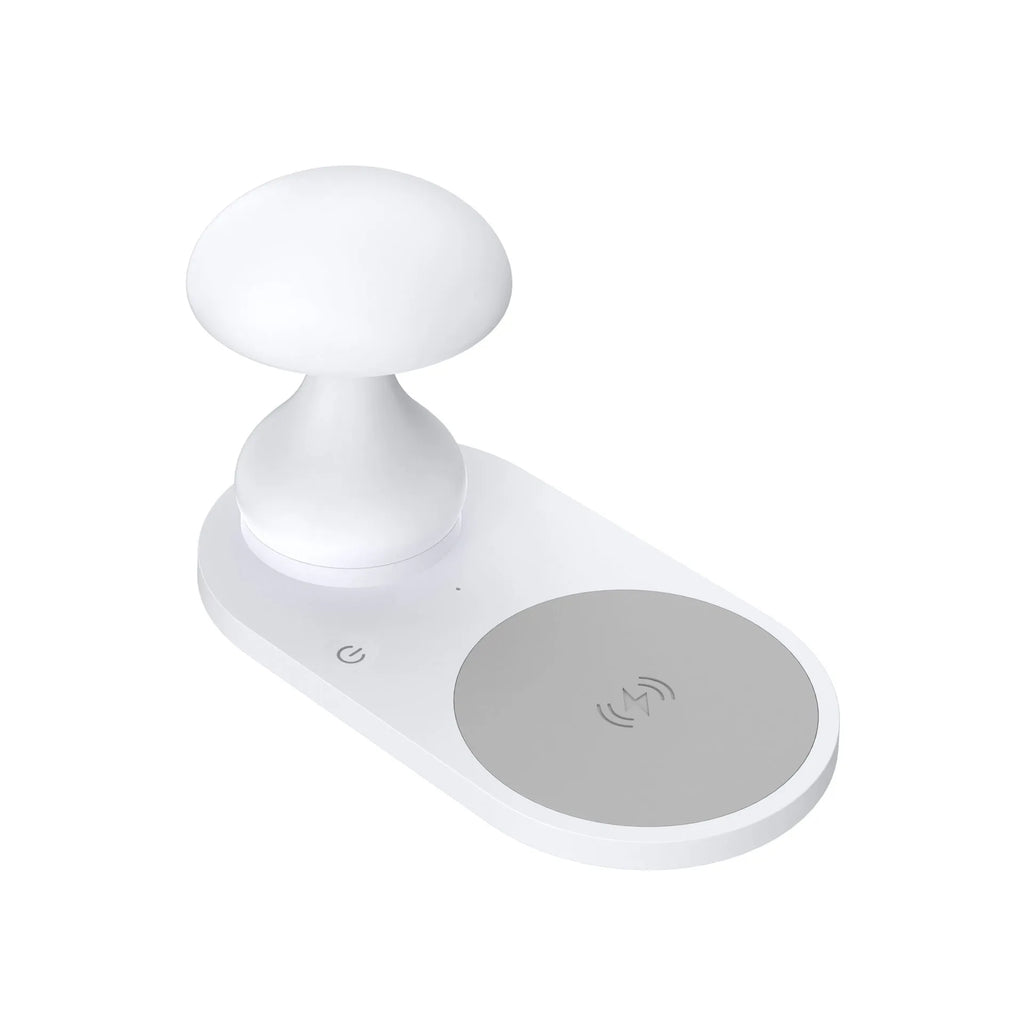 Multifunctional 10W wireless charger mushroom lamp in white ABS composite material on a desk