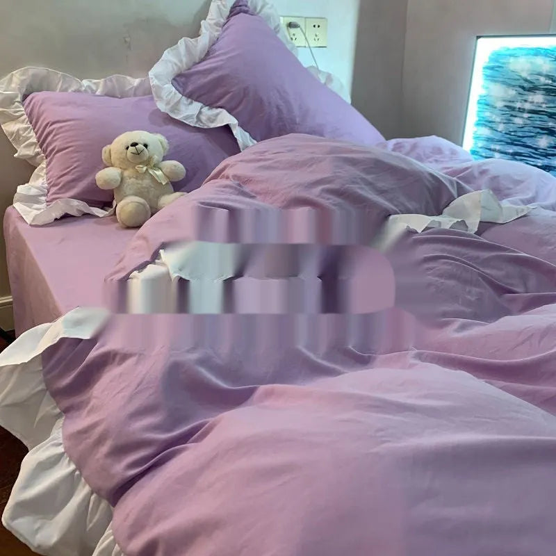 Mori style solid colour quilt cover and pillowcases from a four-piece washed cotton bedding set.