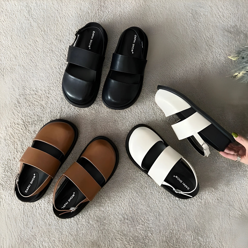 Women's retro Korean style sandals with an adjustable ankle buckle strap in black, brown, or apricot.