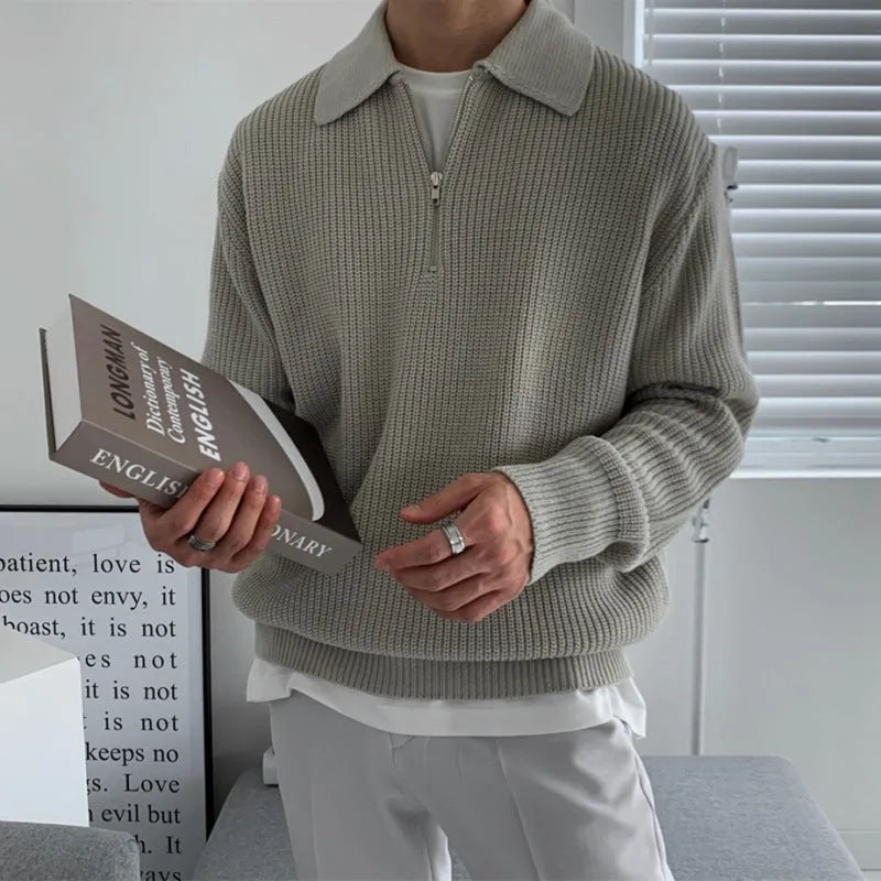 Men's lapel sweater winter pullover loose knitwear light business casual in khaki