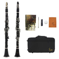 Black beginner B-flat clarinet with 17 nickel keys and a Bakelite body next to its carrying bag.