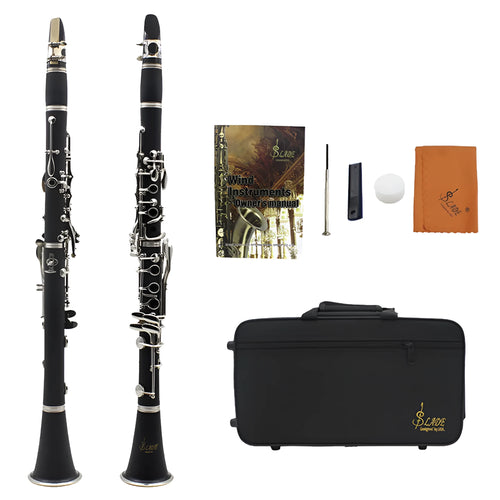 Black Bakelite clarinet with nickel keys and protective carry bag for beginner students