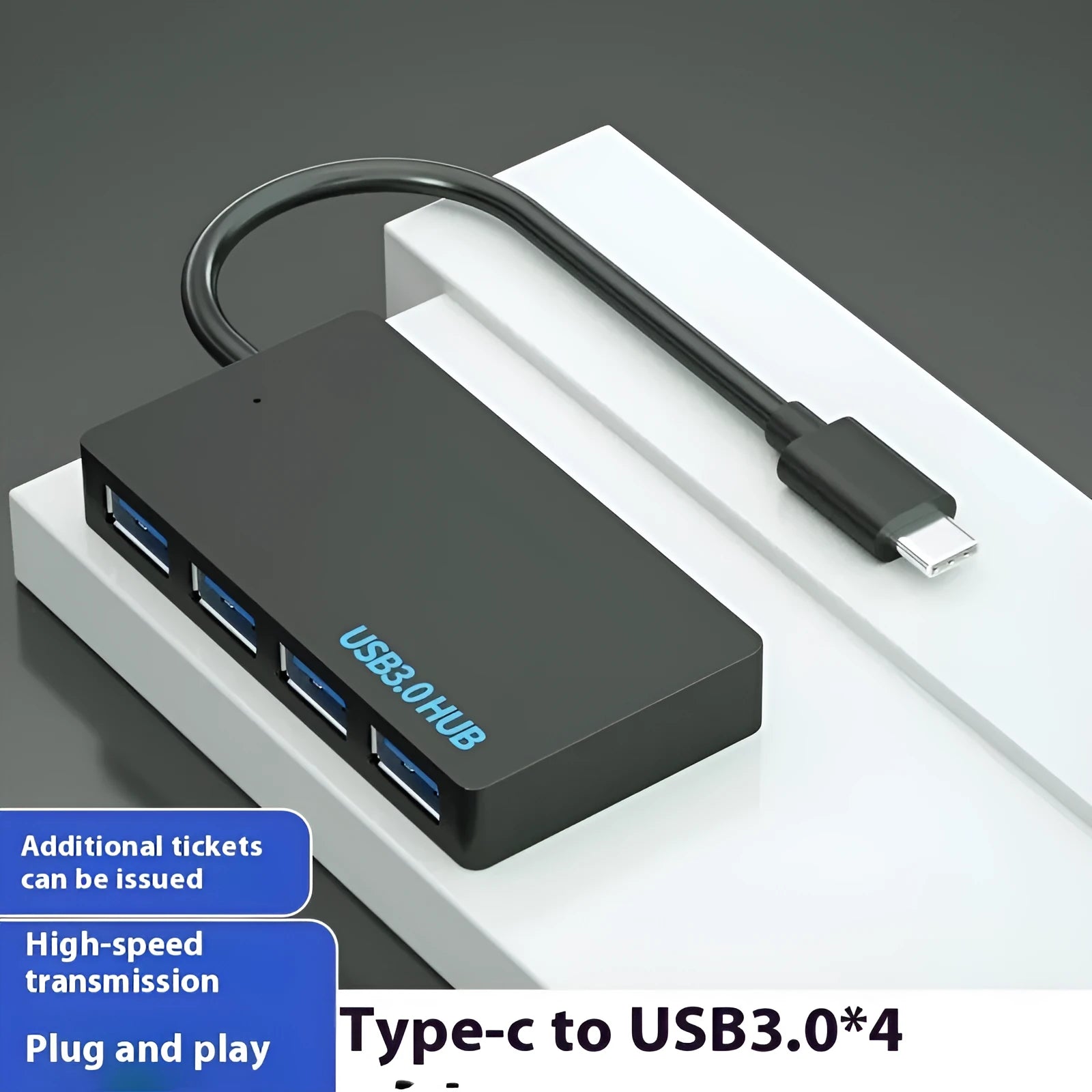 Type-C USB hub extender with 4 ports and 20cm cable in blister packaging