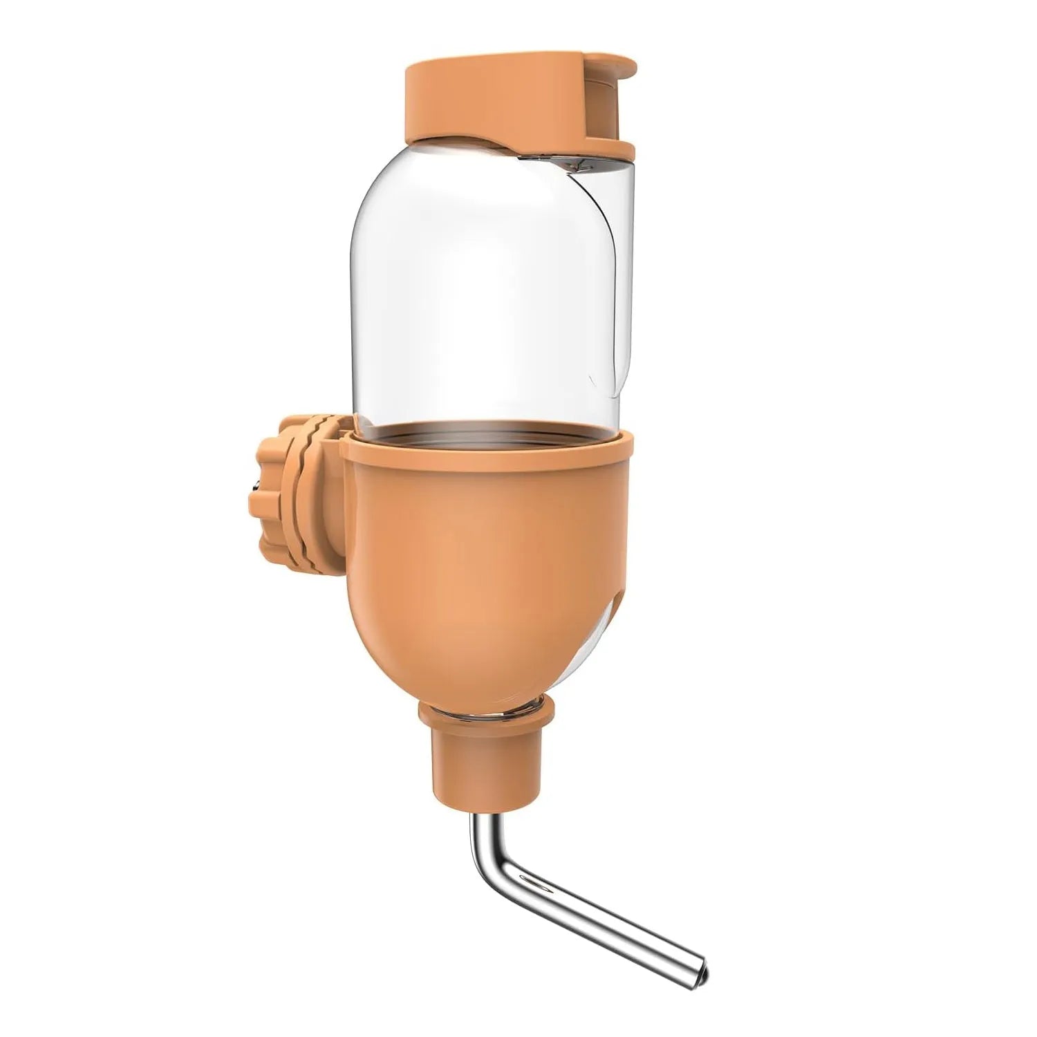 Blue small animal cage water bottle with stainless steel nozzle, shown next to a guinea pig.