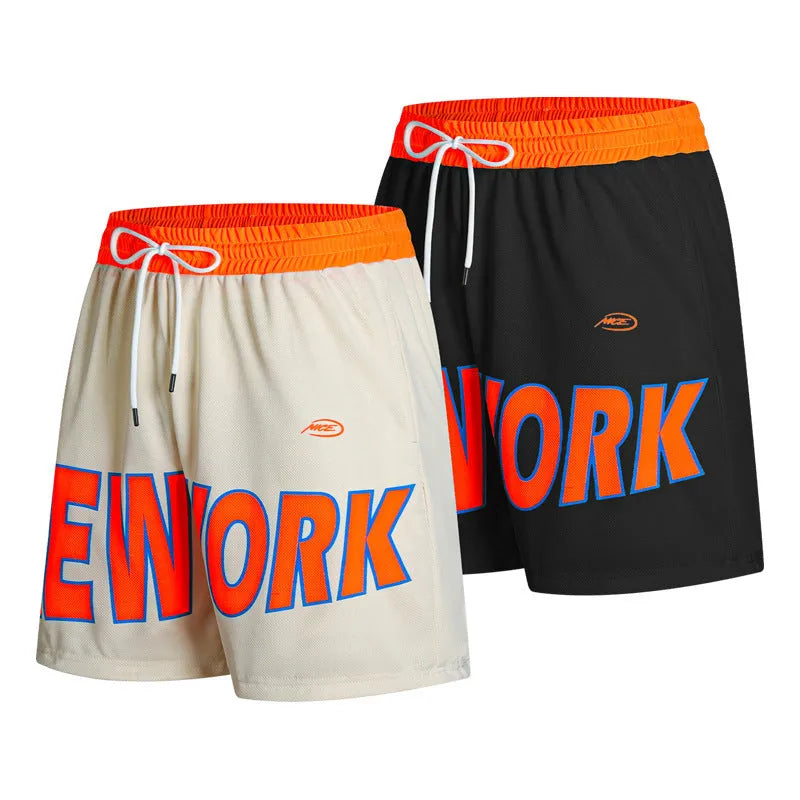 Men's black casual shorts with printed letter designs and straight leg Korean style cut