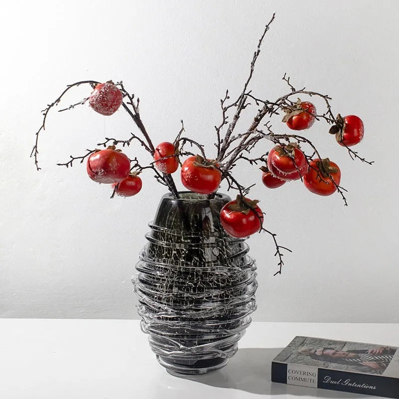 Minimalist glass art vase in black silk fried pattern on coloured glaze