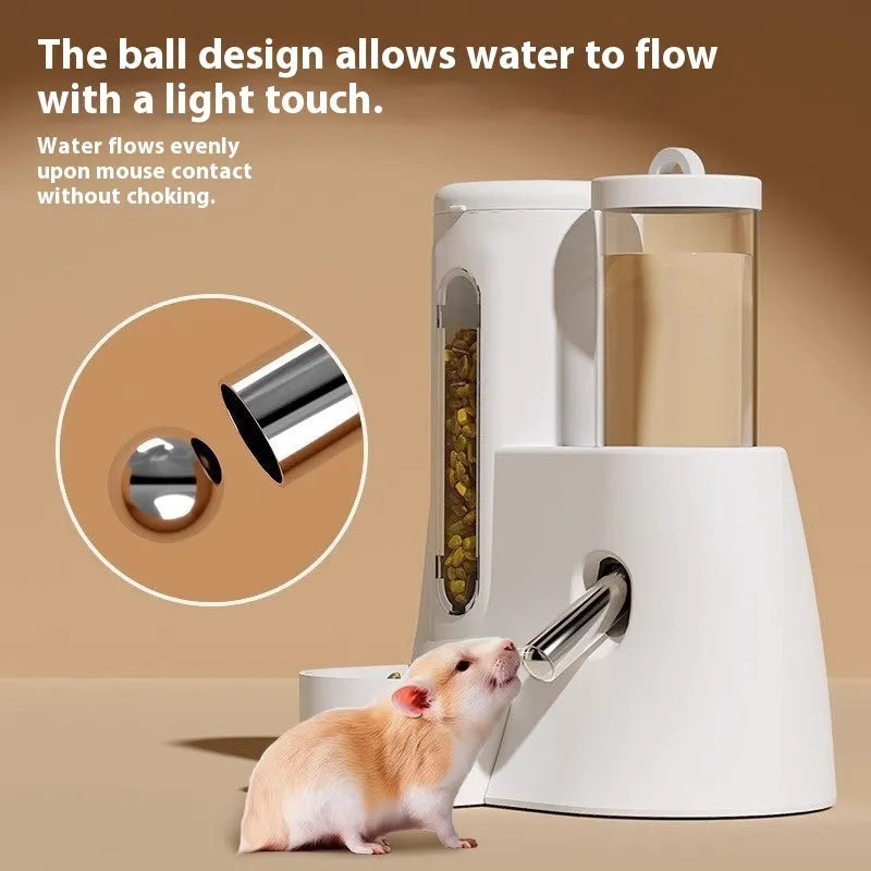 White, blue, and pink hamster automatic drinking water feeder and food basin for cage use.