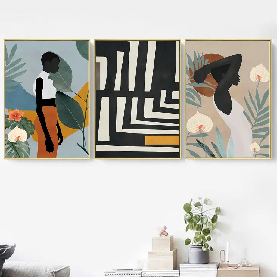 Abstract African women flower leaf mural canvas painting, unframed rectangular oil on canvas wall art