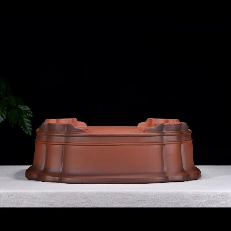Antique Chinese style purple clay rectangular flowerpot with decorative tree and fruit motifs measuring 71cm long