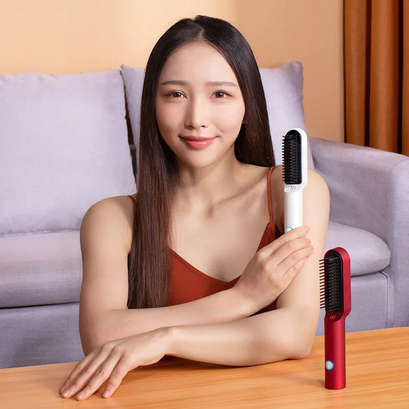 USB portable hot air comb in Ferrari Red or Pearl White, 2-in-1 rechargeable hair dryer brush and mini straightener, 25W, 200C