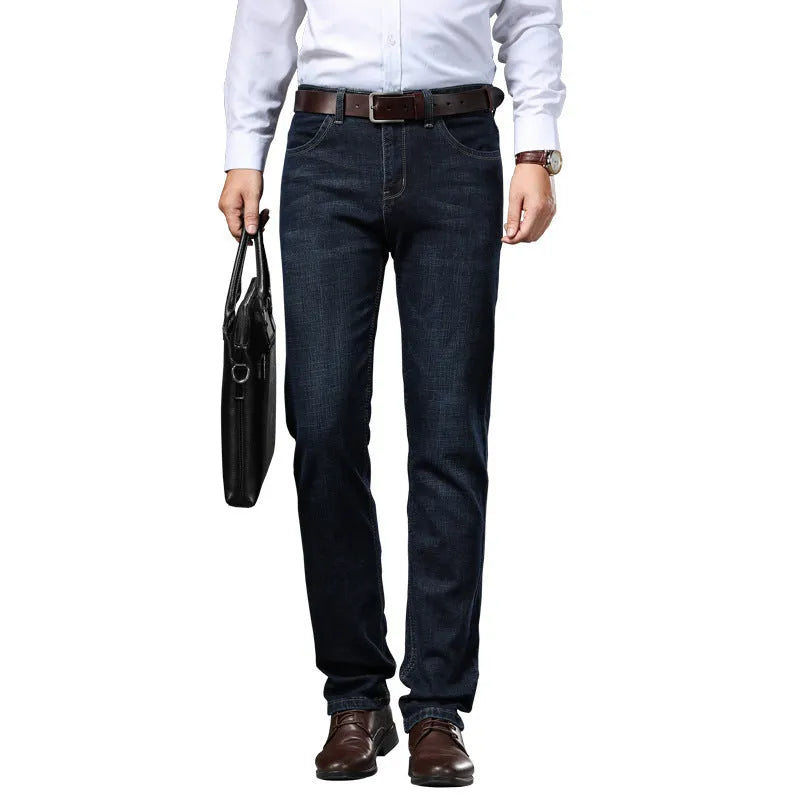 Loose fit straight-leg stretch jeans in black and blue denim colours on a hanger