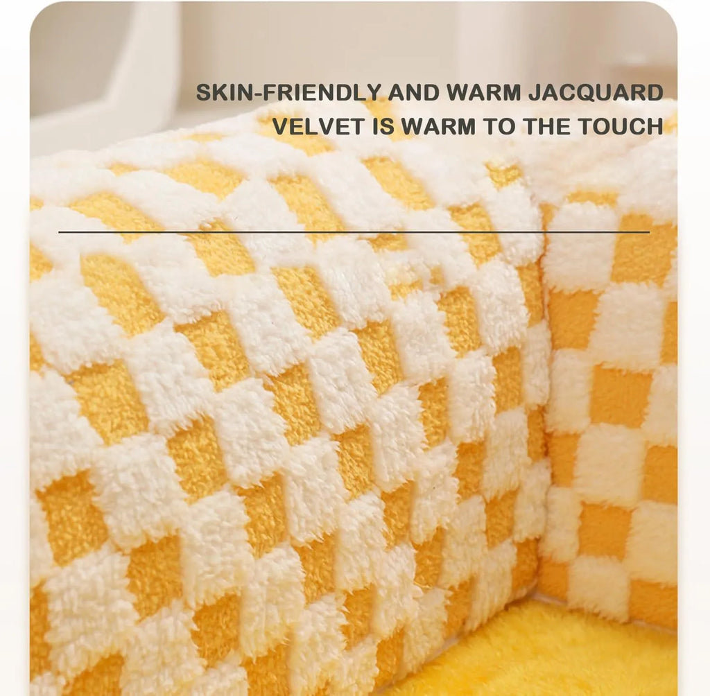 XL yellow plush pet bed with a connected tunnel and granular anti-slip base.