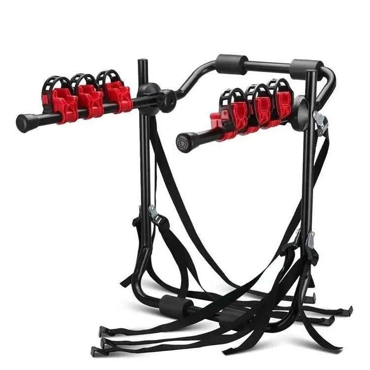 Black and red iron frame bike rack for car boot mounting, showing pull belt and tie rope fastenings.