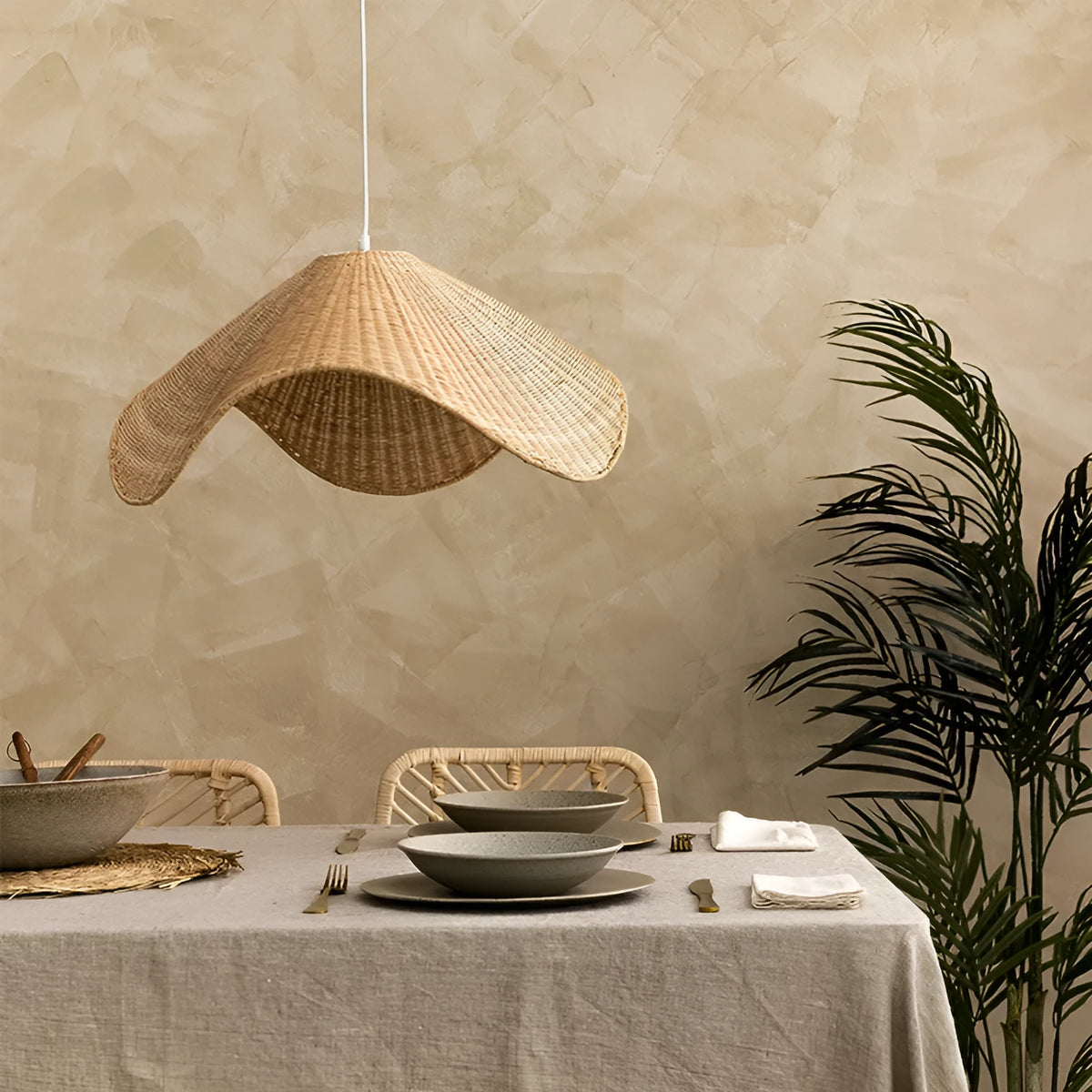Handmade natural rattan and willow pendant chandelier with warm LED light.