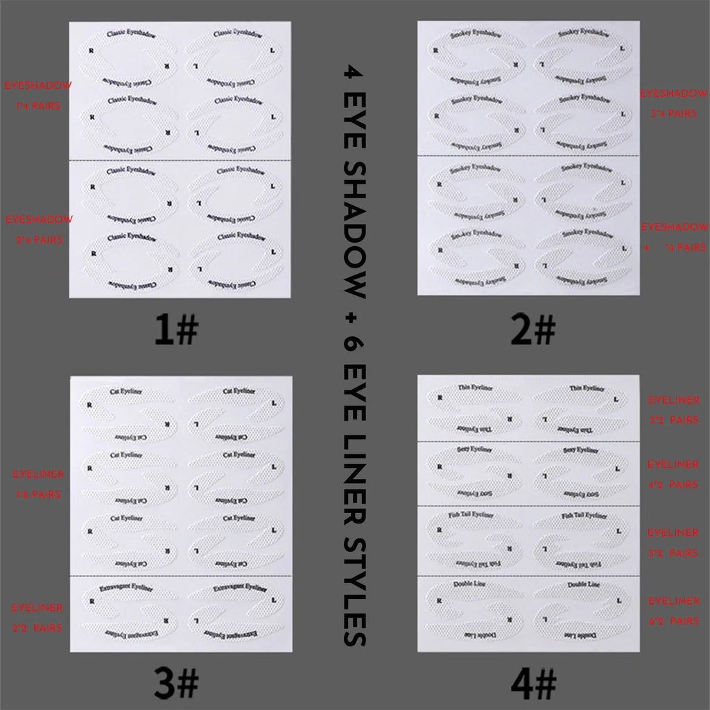 Set of four flexible, reusable eyeliner and eyeshadow stencil templates on a pink background.