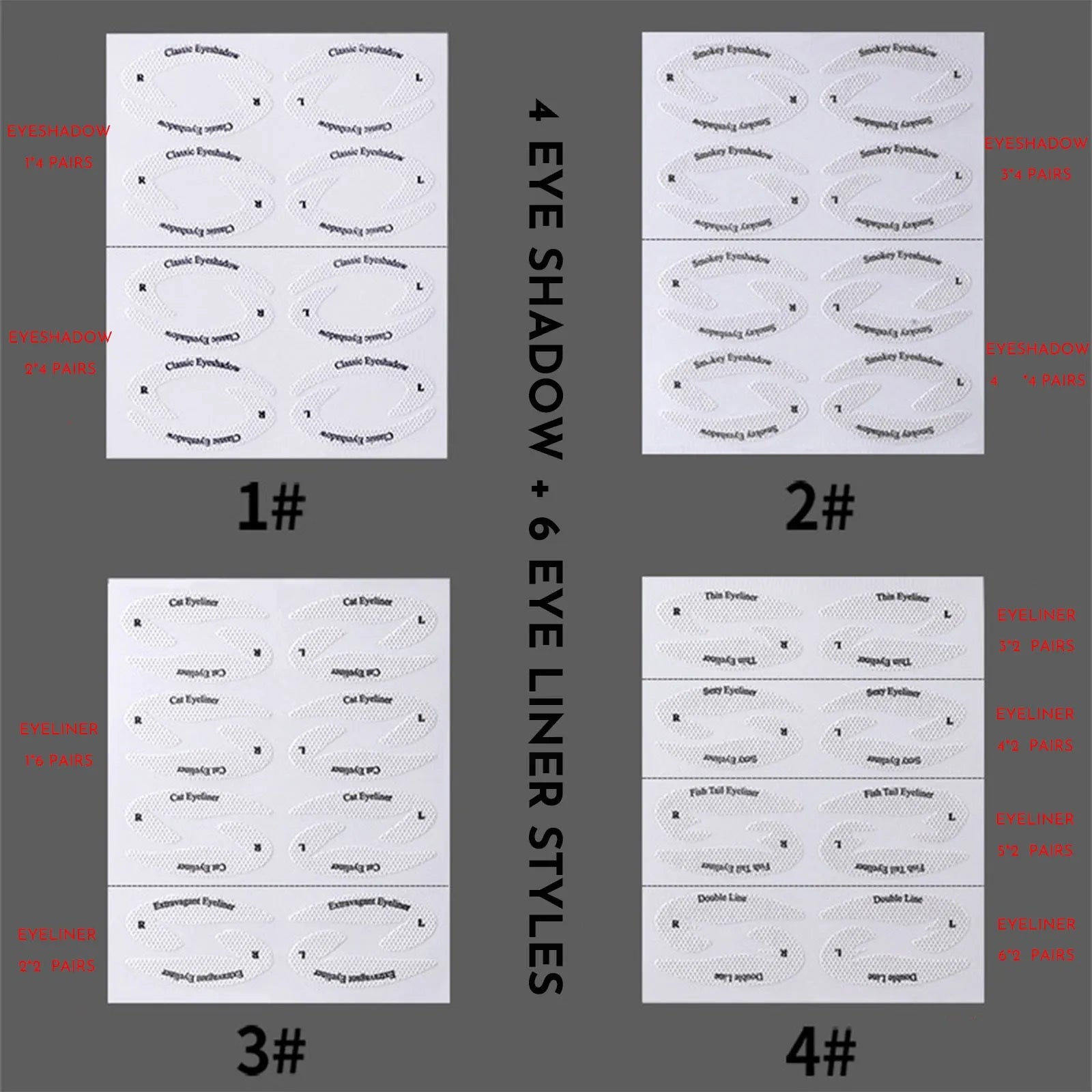 Set of four flexible, reusable eyeliner and eyeshadow stencil templates on a pink background.