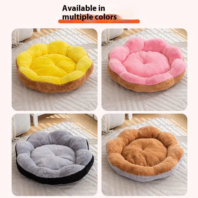 A round, thick rabbit plush cat bed with a high rim, shown in a brown gray colour, suitable for a cat to sleep in.